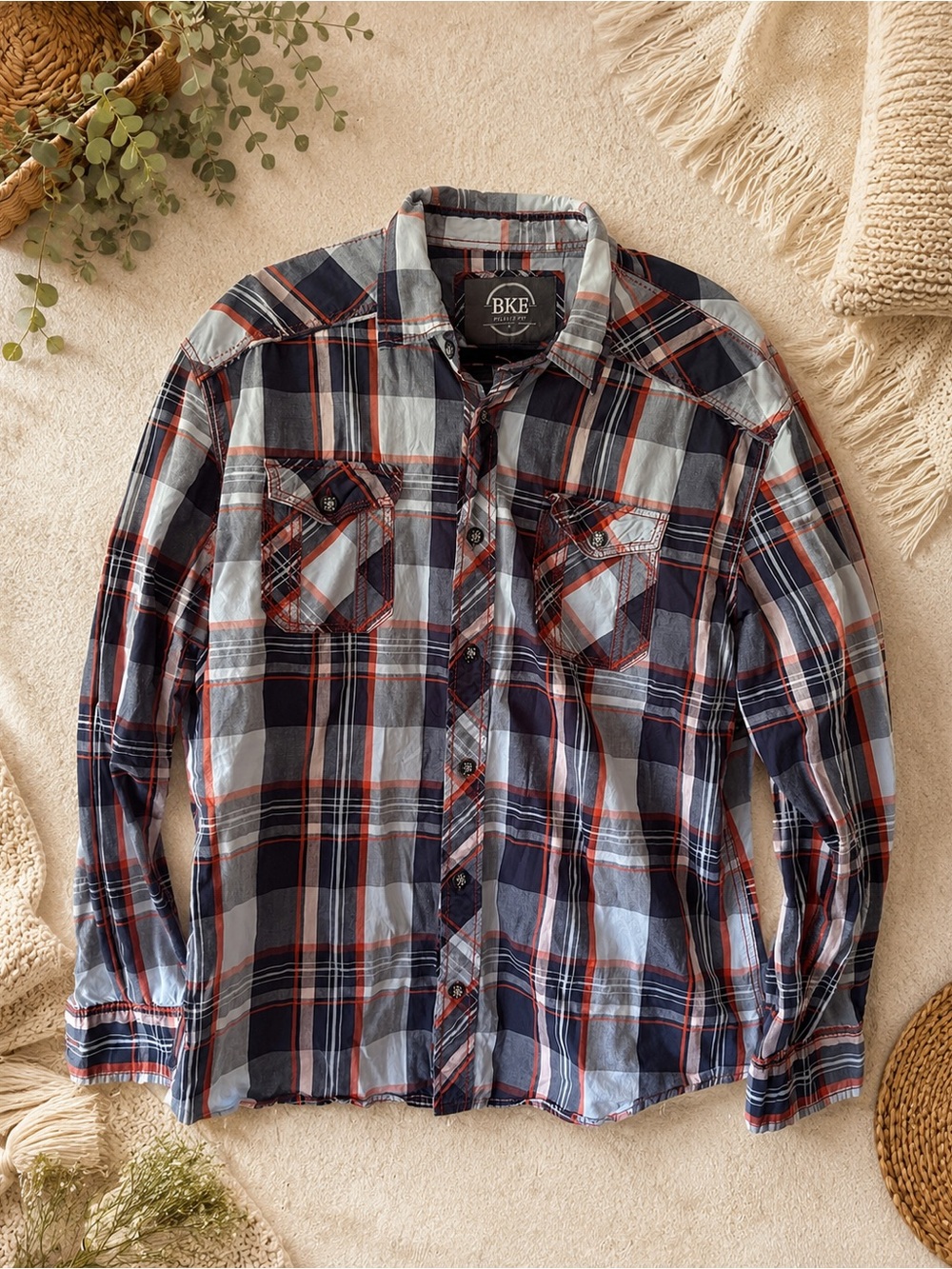 BKE Relaxed Fit Plaid Button Down Shirt XL Blue Red 100% Cotton